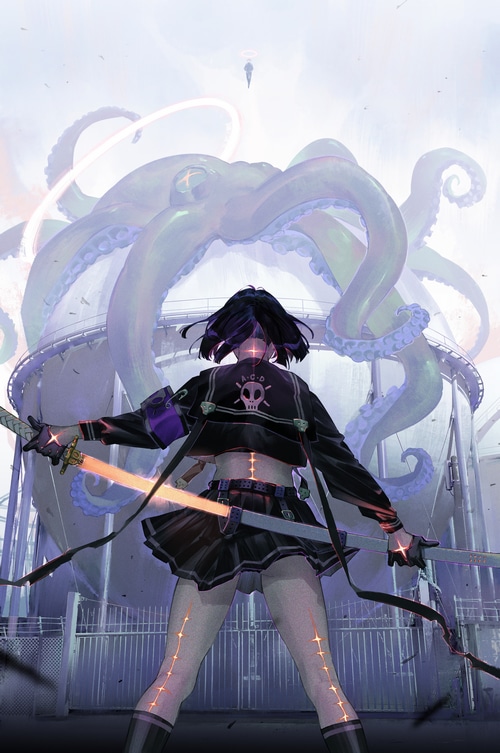 Woman with swords and giant octopus creature