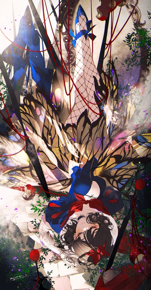 Snow White sleeping in a garden with butterfly wings