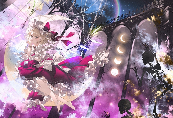 Flandre Scarlet on a swing with skeletons and moons