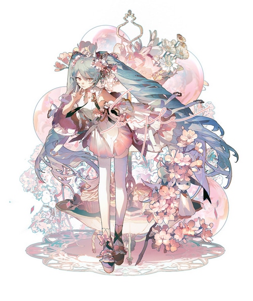 Hatsune Miku with Flowers and Pink Bubbles