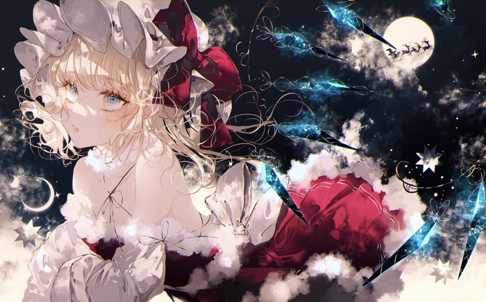 Flandre Scarlet in a dark, starry night sky