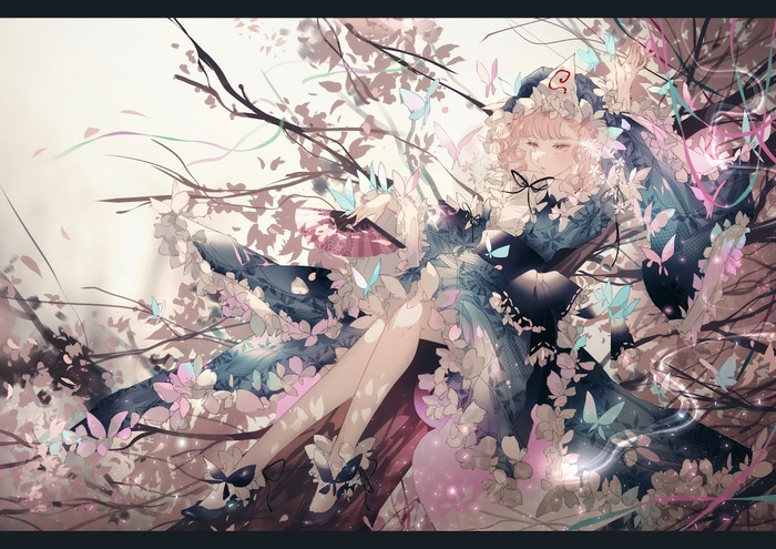 Saigyouji Yuyuko surrounded by flowers and butterflies