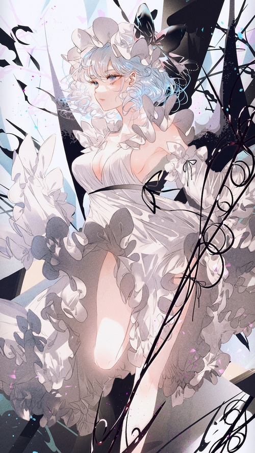 Anime girl in a white dress with blue hair