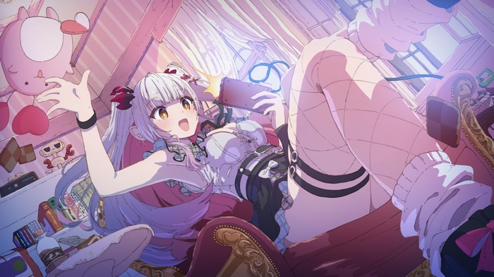 Girl with twintails taking a selfie in a bedroom