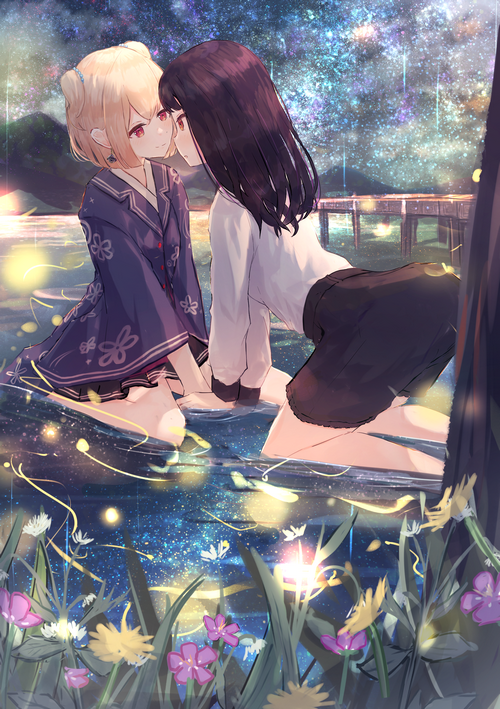Two girls in water under a starry sky