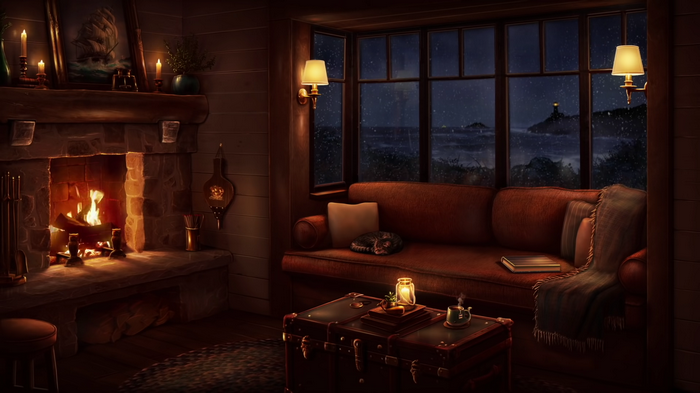 Cozy room with fireplace and sea view at night