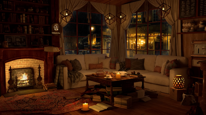 Cozy room with fireplace and books at night