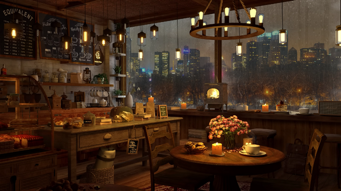 Cozy cafe interior with city view during rain