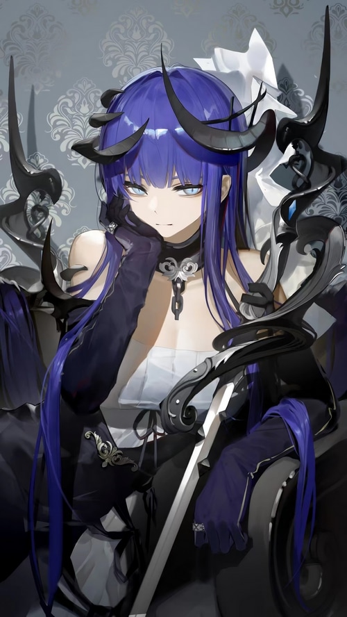 Woman with blue hair, horns, and a sword