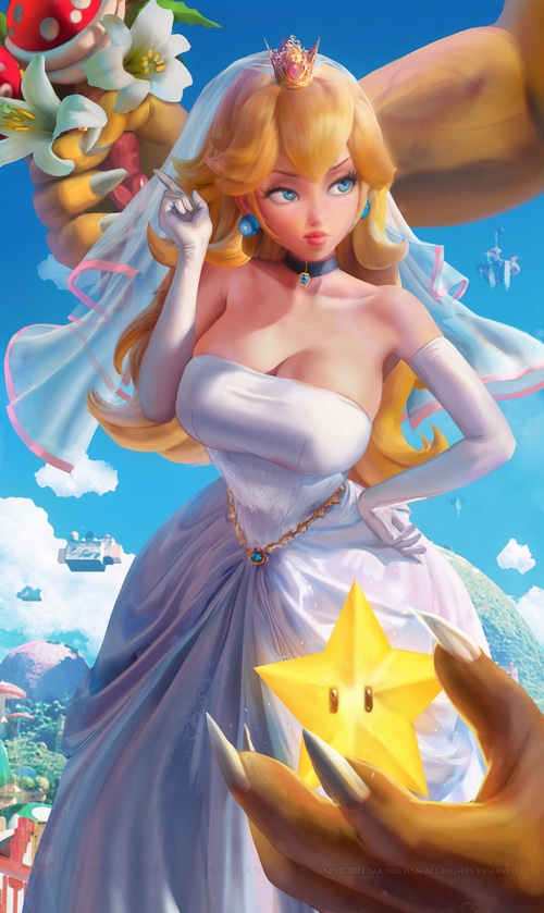 Princess Peach in a wedding dress holding a Super Star