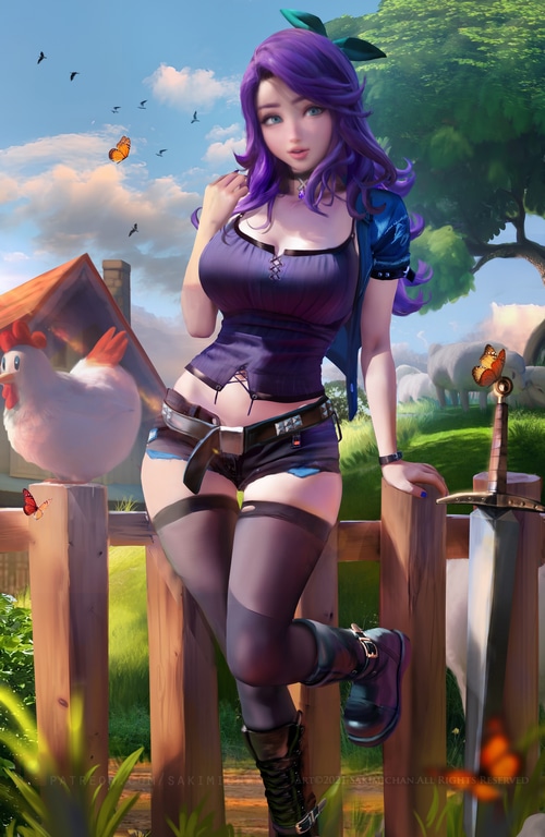Abigail from Stardew Valley with a sword and chicken