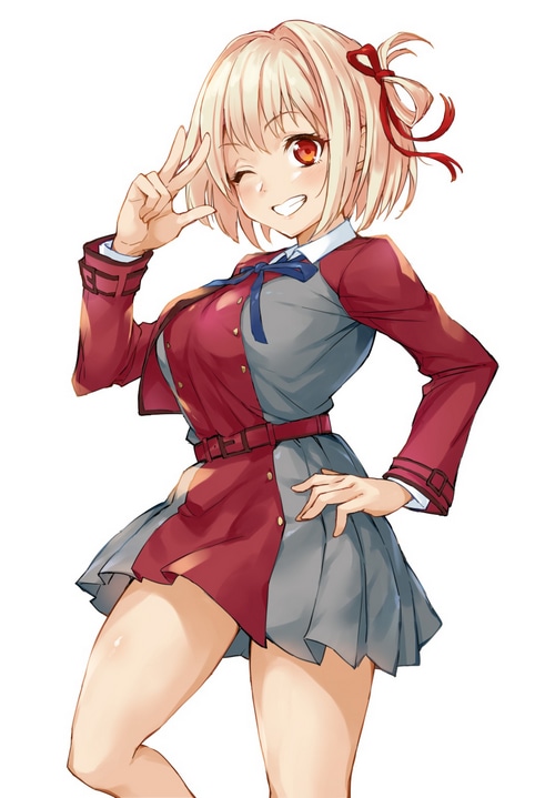 Nishikigi Chisato from Lycoris Recoil winks and poses