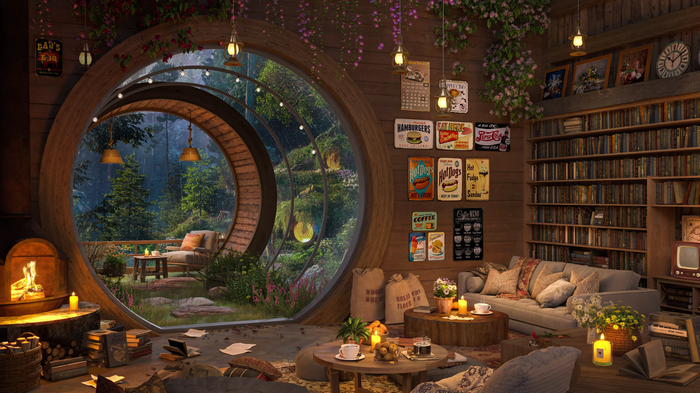 Cozy reading nook with a large circular window overlooking a forest