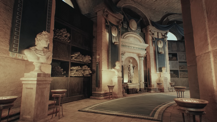 Interior of a classical library with statues and scrolls
