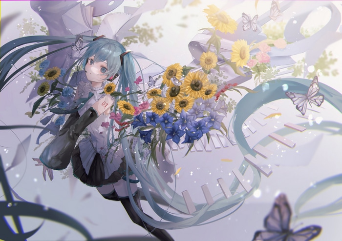 4K Hatsune Miku with Flowers and Butterflies