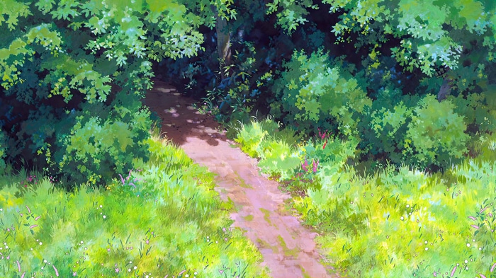 Studio Ghibli animated movie path through a forest