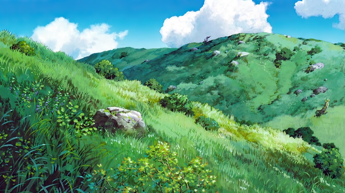 Princess Mononoke, grass, Hayao Miyazaki, bushes, field, sky, rocks ...