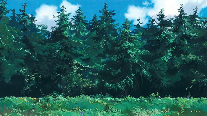 Kiki's Delivery Service forest with trees and flowers