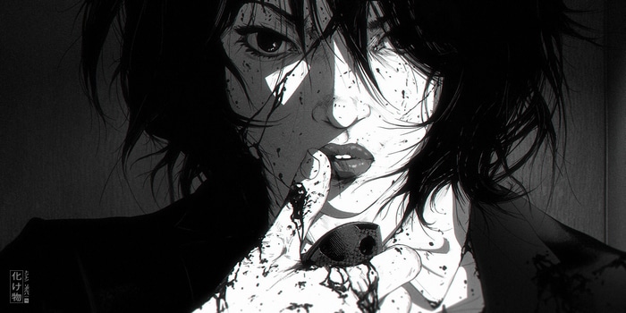 Monochrome portrait of a woman with blood splatters
