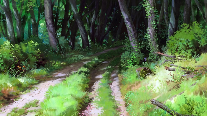 Forest path with trees and grass, Studio Ghibli animation