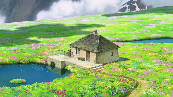 Studio Ghibli animated movie scene with a house and flowers
