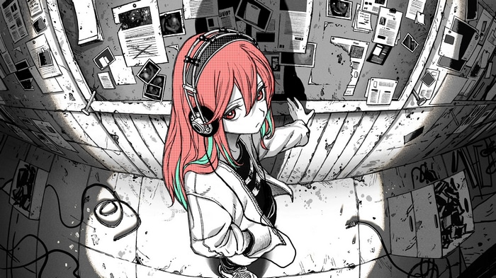 Girl with headphones looking at a wall of papers