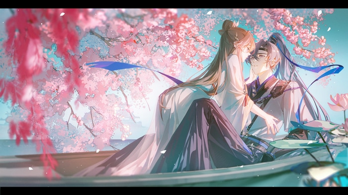 Anime couple in a boat under cherry blossoms