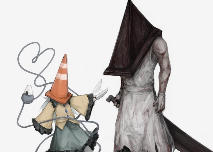Pyramid Head and Touhou character with traffic cone