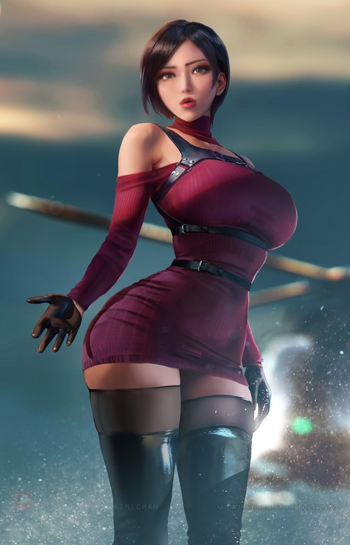 Ada Wong in a red dress, fan art by Sakimichan