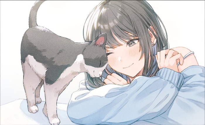Saino and a cat nuzzle