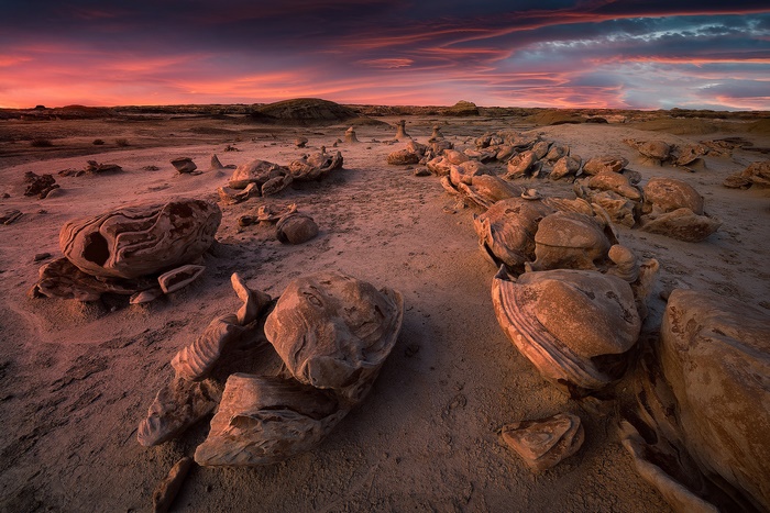 Desert landscape with strange rock formations at sunset