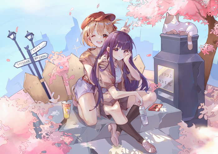 Lycoris Recoil girls with cat and cherry blossoms