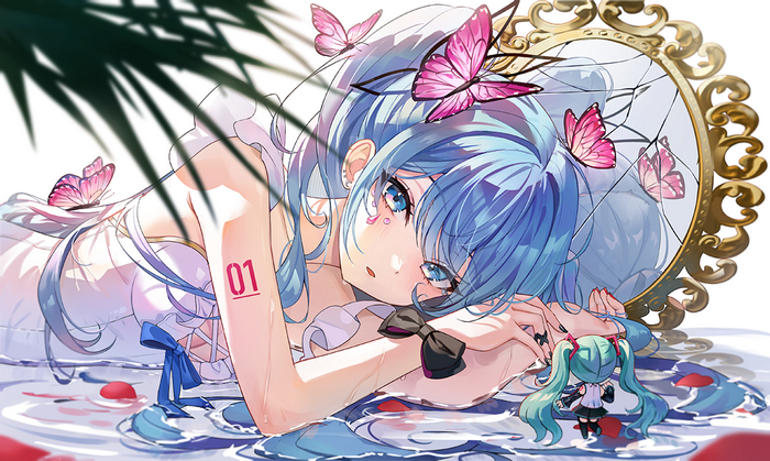Hatsune Miku in Water with Butterflies and Mirror
