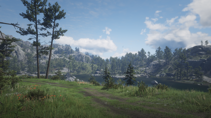 4K landscape with mountains, trees, and a lake in Red Dead Redemption 2