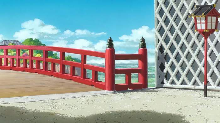 Spirited Away bridge with red railing and lantern