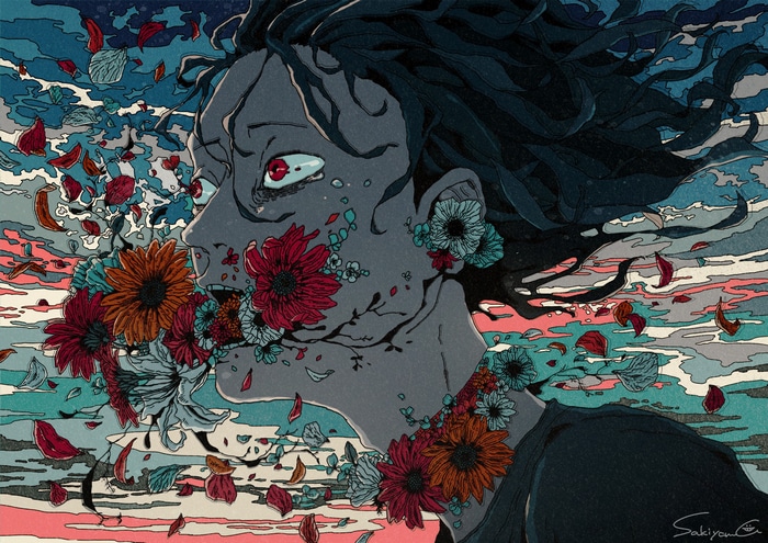 Sakiyama anime character with flowers and petals