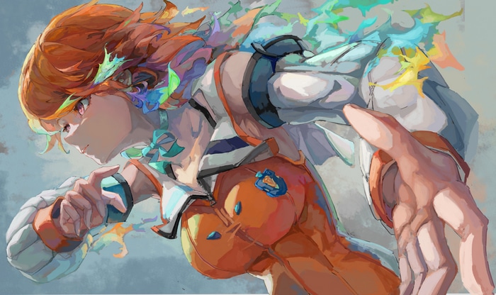 Takanashi Kiara in a dynamic pose with colorful energy