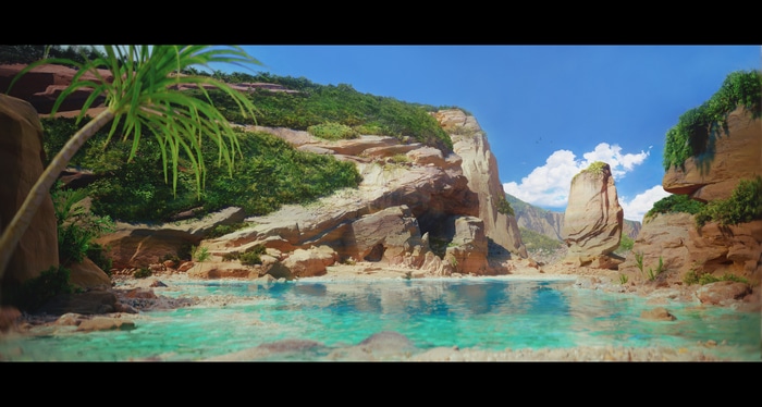 4K nature scene with trees, rocks, clouds, and lake