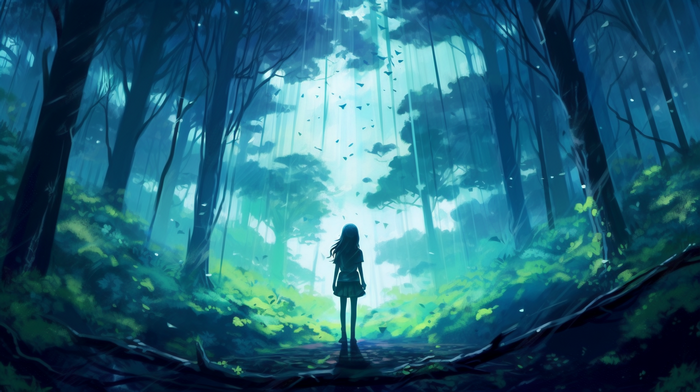 Girl standing alone in a dark, sunlit forest