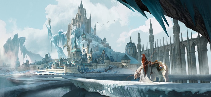 Fantasy ice castle with archer on polar bear