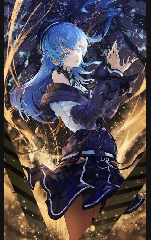 Hoshimachi Suisei with blue hair and star eyes