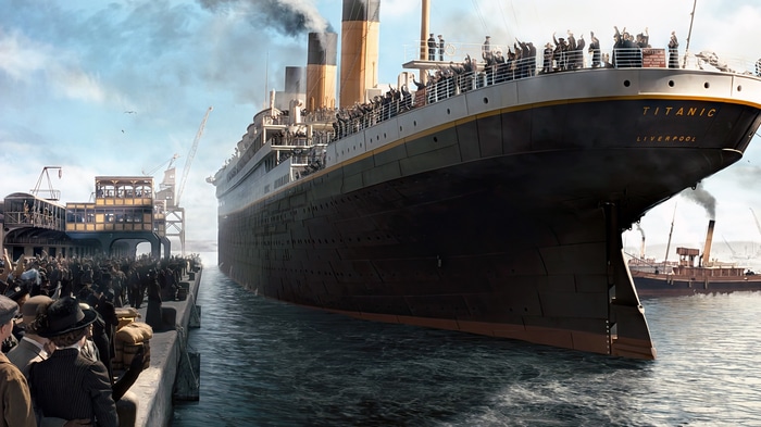 Titanic ship departing from Liverpool harbor