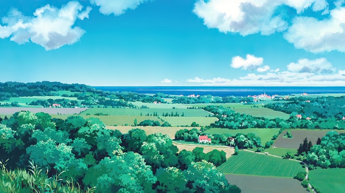 Kiki's Delivery Service landscape with sea and village