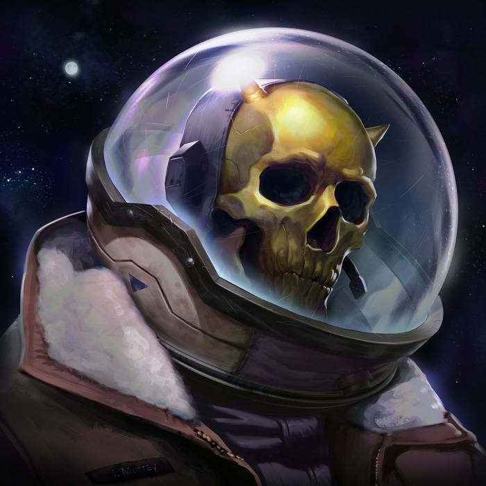 Astronaut skull with horns in space