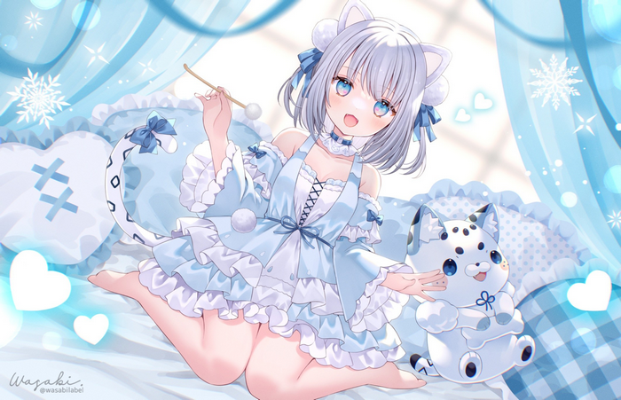 Cat girl in blue outfit with plush toy