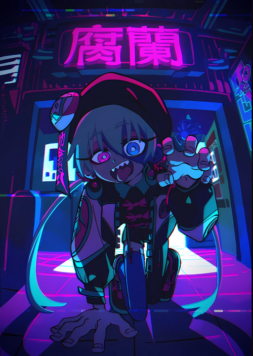 Girl with heterochromia in neon-lit alley
