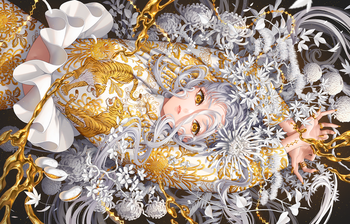 Girl with silver hair and tiger-patterned robe surrounded by flowers