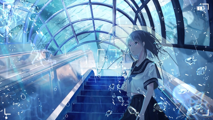 Schoolgirl with umbrella on stairs with fish