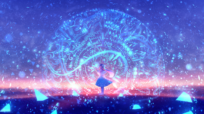 Anime girl in a blue dress with a magical circle
