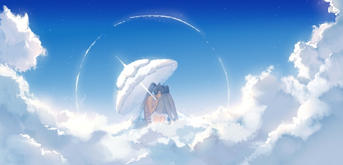 Hatsune Miku under a cloud umbrella in the sky